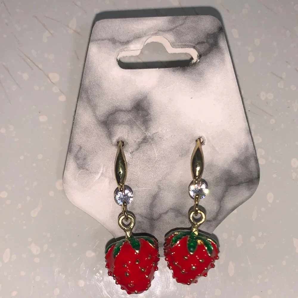 Gold-Tone Red Strawberry Drop Earrings - Unbranded - Picture 1 of 6